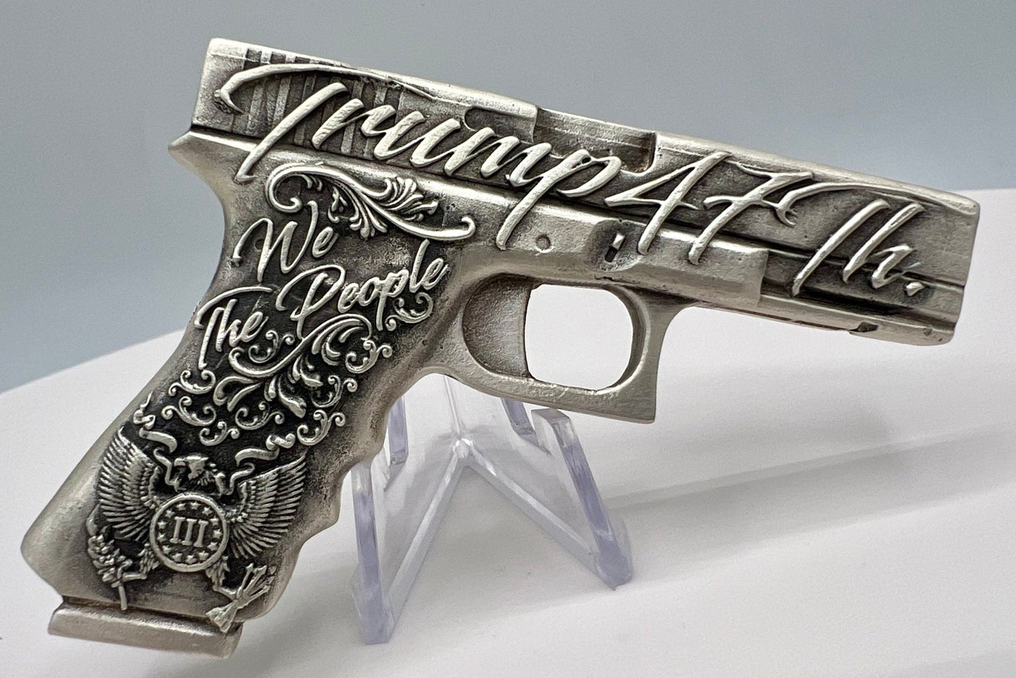 2024 We the People Trump G-19 Pistol shaped Poured 4 oz Silver Bar in Card by Locker Mint
(470 Mintage)